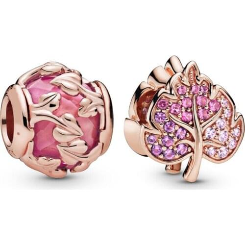 Baofu New 925 Sterling Silver Beads Pink Charm Leaves Shiny Gradient Suitable For Original Female Bracelet Jewelry