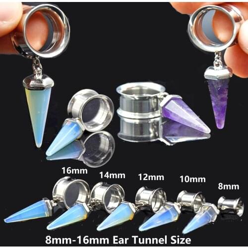 BOG-1 Pair Cone Shape Opal Stone Amethysts Stone Dangle Ear Plug Internally Thread Ear Tunnel Expander Body Piercing Jewelry
