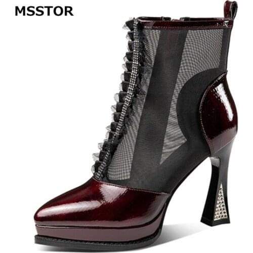 Mesh Mixed Colors Ankle Boots Women Zipper Platform Autumn Spring Lace Party High Heels Shoes Women Elegant Fashion Ladies