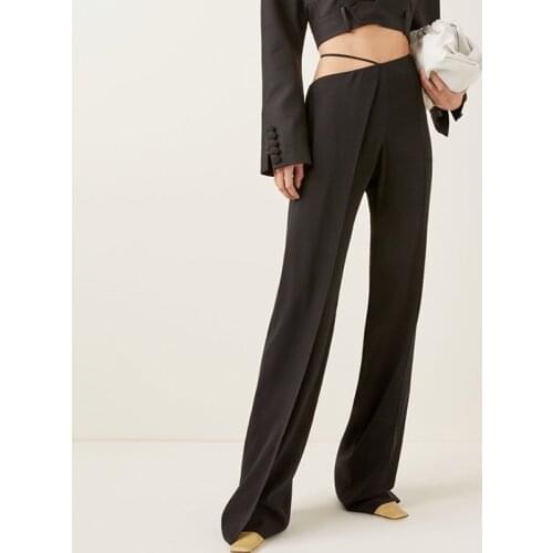 Women Bandage High Waist Pants Straight Leg Floor Length Black Casual Loose Pants