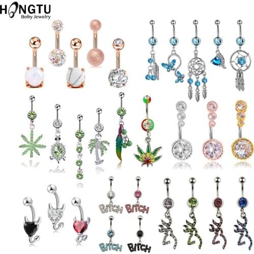 HONGTU 1PC Sexy Belly Button Rings Navel Piercing Belly Ring Barbell Bar Zircon Dangling Ombligo for Woman Body Jewelry 14g