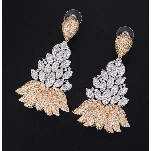 LARRAURI Trendy Big Pendant Cubic Zirconia Drop Dangle Earrings Lotus Shape Bride Statement Earrings For Women Fashion Jewelry