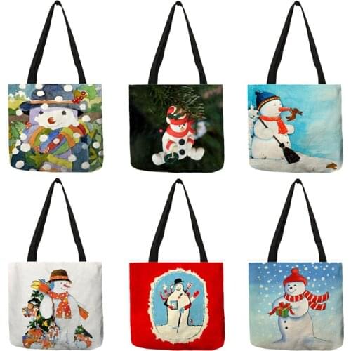 Cute Cartoon Snowman Print Casual Handbags Ladies Totes Warm Christmas Reusable Shopping Bag For Groceries B13217