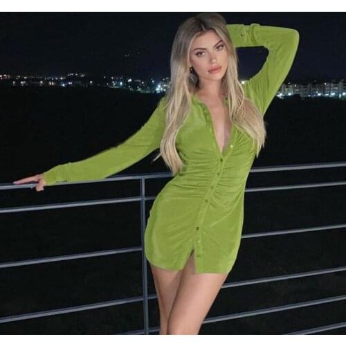 2021 Summer New Style European and American Sexy V Neck Fashion Pleated Cardigan Long Sleeved Shirt Short Skirt Female Dress