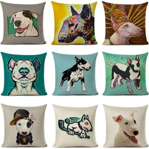 Bull Terrier Cushion Cover Cute Dog Printed Pillow Cover Car Sofa Decorative Linen Pillowcase Home Decor Pillow Case 45x45cm