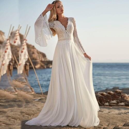 Latest Summer Boho Lace Bridal Wedding Gowns Long Flare Sleeves V Neckline Open Back Wedding Dresses for Bride On Sale 2021