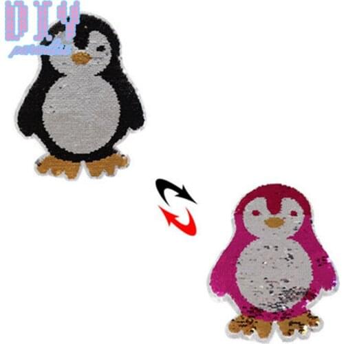 Reverse Penguin Sequins Sew On Patches for clothes Coat Sweater Embroidered Change Color Cartoon Reversible Patch Applique