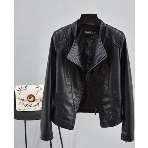 Plus size Women Black Faux Leather Jacket Spring Slim Stand collar Long sleeve Biker Jacket Casual Streetwear Bomber Female Coat