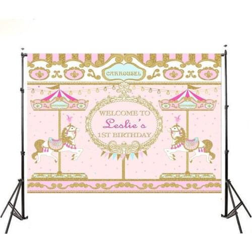 Olorful Pink and Golden Carousel Birthday Girls Background Photo Studio Camera Fotografica Baby Shower Background Photography
