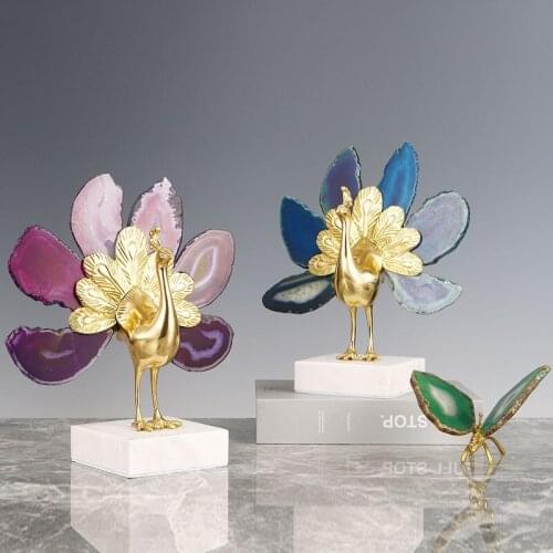 Light Luxury Golden Brass Peacock Stand Marble Open Natural Agate Screen Home Living Room Decoration Ornament Accessories Gift
