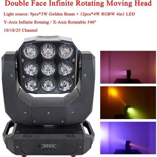 LED Double Face Infinite Rotating Moving Head 9x3W+12x4W DJ Light 10/18/25 Channel DMX512 Disco Party Stage Effect Lighting