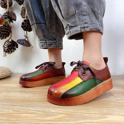 Birkuir Platform Shoes 2021 New Autumn Genuine Leather Handmade Women Shoes Mixed Colors Lace Up Leisure Concise Ladies Shoes