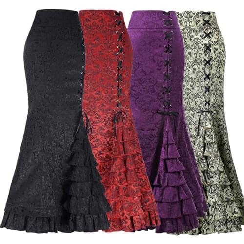 New Women Sexy Gothic Vintage Long Mermaid Skirt Floral Print Ruffle Lace Up Maxi Skirt Bodycon Slim Elegant Long Skirt