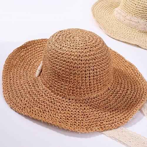 Women Foldable Crochet Knit Straw Lace Tie Large Brim Hat Sun Protection Sunhat