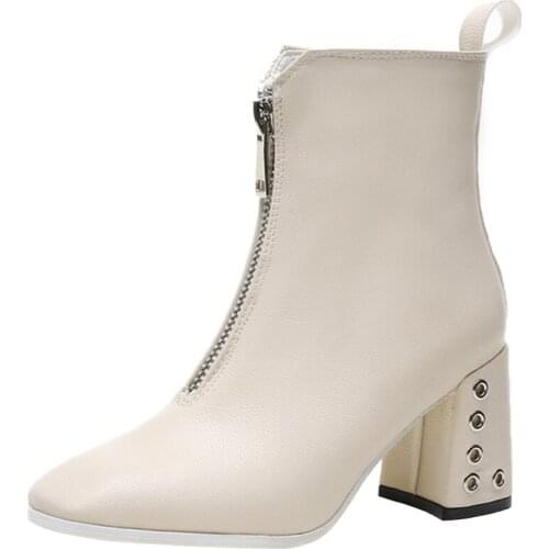 Womens boots white boots autumn and winter 2018 new British wind front zipper square head Martin boots high heels thick with