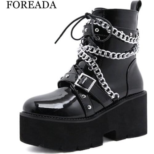 FOREADA Woman Motorcycle Boots Nightclub Style Platform Thick High Heel Shoes Chain Round Toe Zipper Ankle Boots Autumn Punk 43