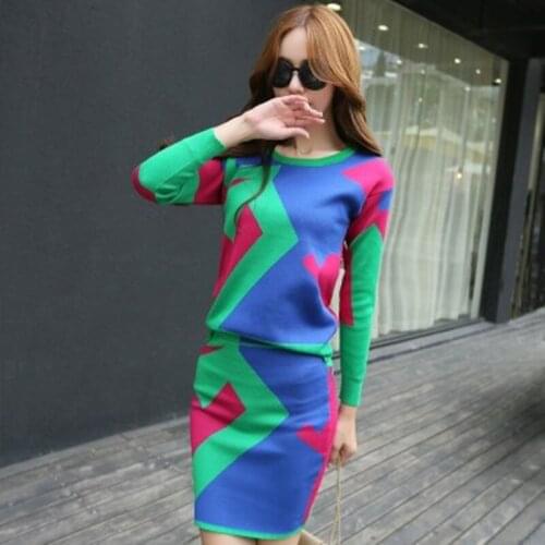 Womens Fashion Knitted Sweaters Suits 2021 Spring Autumn Women O Neck Long Sleeve Tops + Buttocks Mini Skirt Two Pieces Outfits