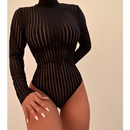 Womens Long Sleeve High Neck Bodysuit Sexy Black Striped Mesh Transparent Bodysuit Clubhouse Womens Jumpsuit Sexy Lingerie