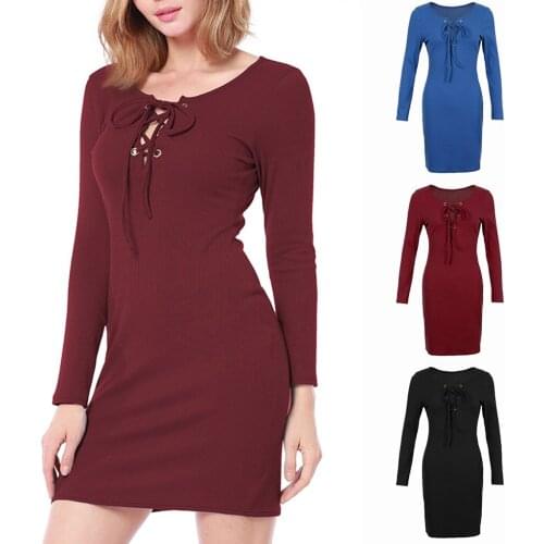 Women Crew Neck Cross Open Front Lace Up Long Sleeve Bandage Bodycon Dresses