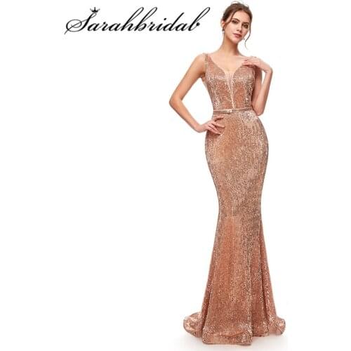 Charming Party Gown V Neck Sleeveless Backless Women Mermaid Evening Dresses Sequins Sashes Floor Length Robe De Soiree 5256