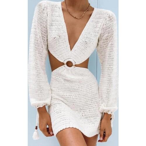Knitted Crochet Backless Long Sleeve Dress For Women Sexy Cut Out V Neck Casual Party Mini Dresses 2021 Summer Vacation Outfits