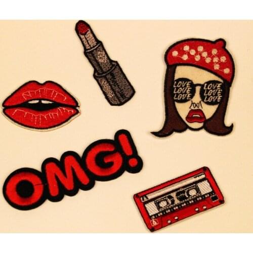 1 PCS Woman Embroidered Iron on Patches for Clothing DIY Stripes Clothes Letter Stickers Custom Lipstick Badges