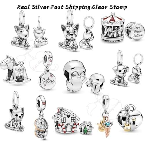 100% Sterling Silver 925 Penguin Charms Puppy Dog Dangles Carousel Beads Fits Original Bracelets Necklaces DIY Jewelry Making