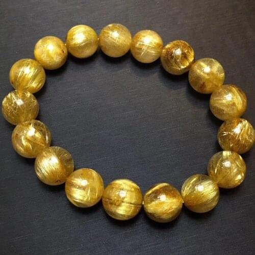12mm Natural Gold Rutilated Quartz Clear Round Beads Bracelet Cat Eye Women Men Fashion Wealthy Stone Certificate AAAAAA
