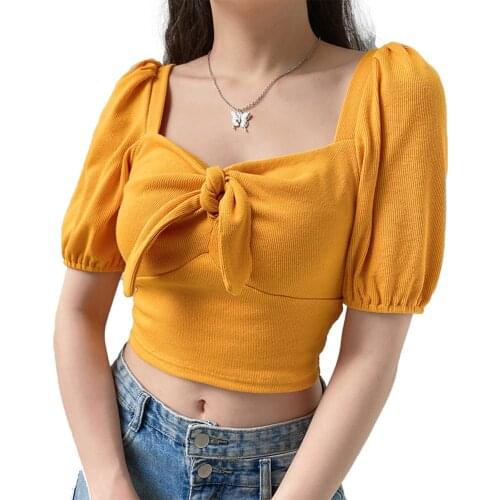 2021 Summer Women Fashionable Puff Short Sleeve Square Collar Bowknot T-shirt Girl Sexy Solid Color Knitted Female Crop Tops