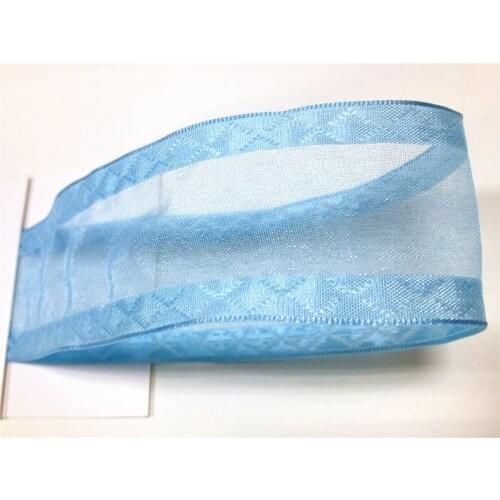 38MM 25yards Blue Wired Edge Sheer Ribbon W/ Jacquard Edges for Festival Christmas Decoration New Year Gift Wrapping
