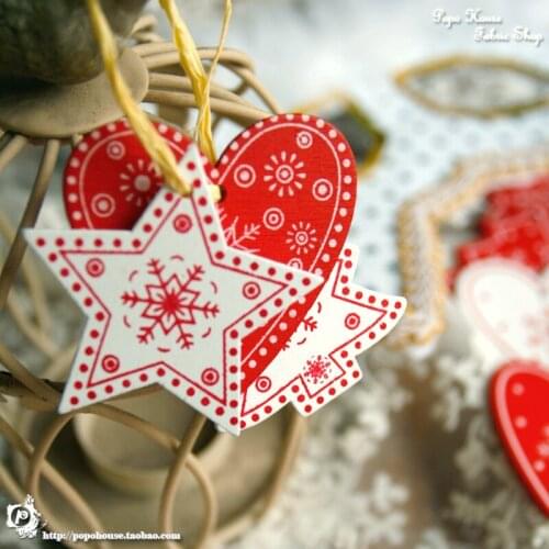 6pcs Christmas stars love red white wooden decorative gift packaging tag hanging decoration