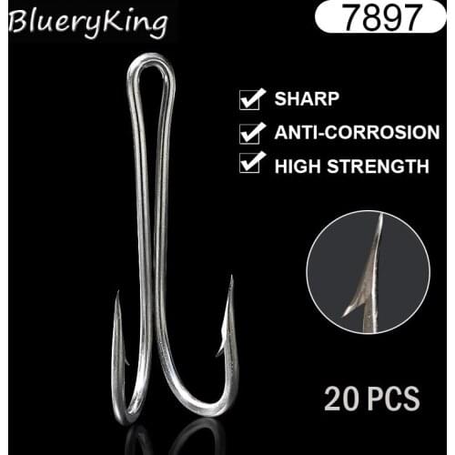 BlueKim 20 Pcs/Pack 7897 Duple Hook Stainless Steel Big Double Fishing Hooks Large Double Non-Weld Fish Hooks For Trolling Lures
