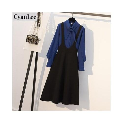 Cyablee plus size office ladies elegant two piece set korean bow collar long sleeve blouse and spaghetti straps dresses sets
