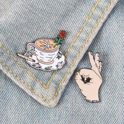European cigarette rose bouquet coffee cup and gesture ok fashion personality brooch clothes backpack badge jewelry gift