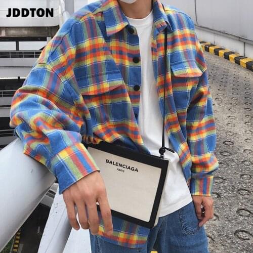 JDDTON Summer Mens Rainbow Lattice Shirts Short Sleeve Shirt Korean Style Man Fashion Streetwear Male Casual Loose Shirts JE458
