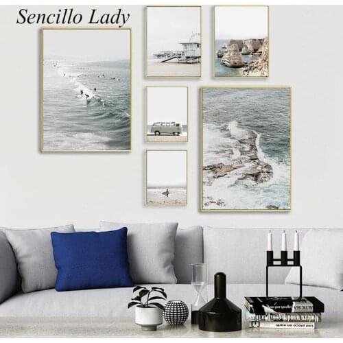 Surfing Waves Bus Ocean Beach Canvas Painting Seascape Poster and Print Tropical Decoration Wall Art Picture Living Room Decor