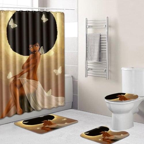 WUJIE Anti-slip Bath Mate Set Shower Curtain Toilet-Seat-Covers Rugs Women Pattern 4 Piece Waterproof Bathroom Rug Home Decor