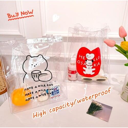 Korean Cute New Cartoon Bear Transparent Jelly Handbag PVC Shopping Bag Beach Bag Large Capacity