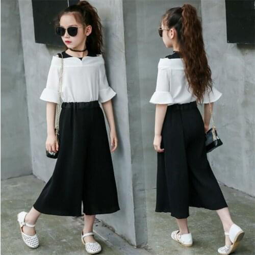 Summer Girls Clothing Sets Children T-shirt + Wide Leg Pants Suits Kids Short Sleeve Strapless Chiffon Girls Clothes 4-12 Years