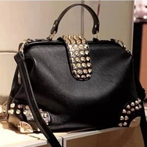 Black Fashion Women Handbags PU Leather Rivet Ladies Shoulder Bags Punk Crossbody Bag Stud High Quality Vintage Top Handle Bag