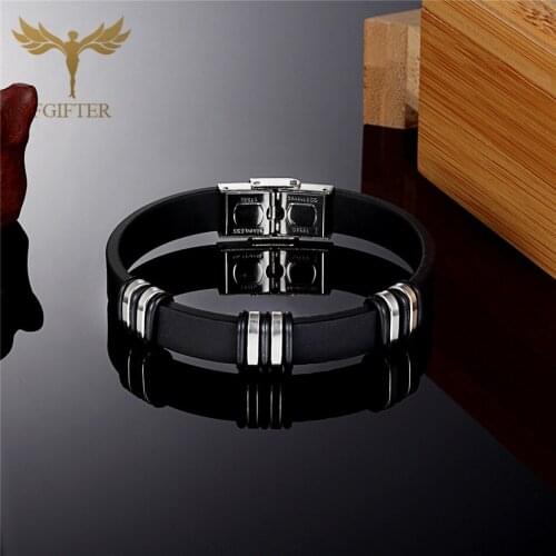 Fashion Charm Mens Bracelet Groove Design Black Wrist Jewelry Silicone Bangle Stainless Steel Buckle Friend Gift