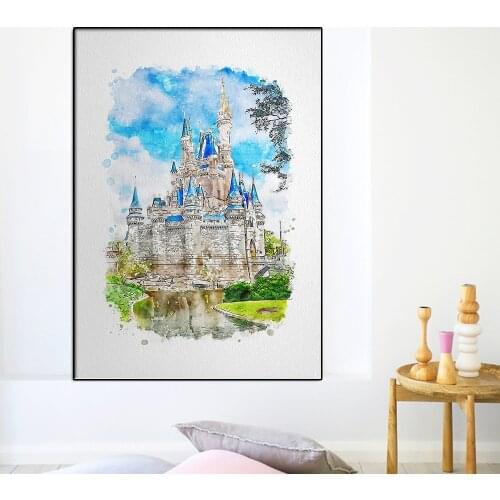 Cartoon Disneyland Watercolor Mickey Mouse Canvas Painting Disney Princess Castle Poster And Print Wall Art Kids Room Home Decor