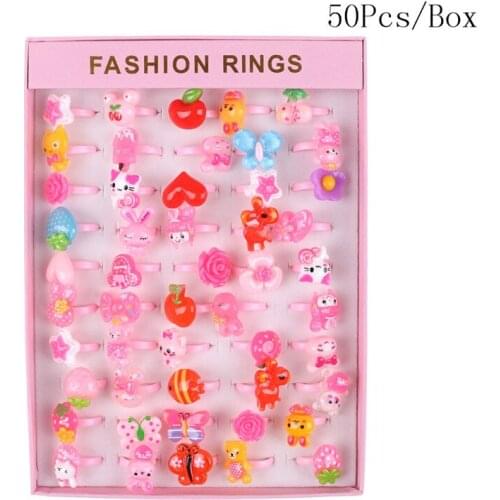 50pcs/set Mix Animals Rabbit Flower Heart Baby Kids Girl Childrens Cartoon Rings With Display Box For Christmas Gift Craft Toy