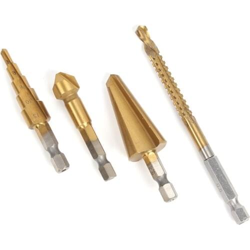 4pc HSS Drill Set Titanium Coated Hex shank Countersink Drill Step Tapered Cone Saw Bit Woodworking Power Tools