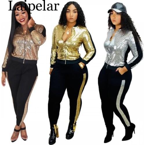 2019 Autumn Design High Street Plus Size 2 pcs Women Set 4 Color Sequins O-Neck Tops Long Pants Tracksuits