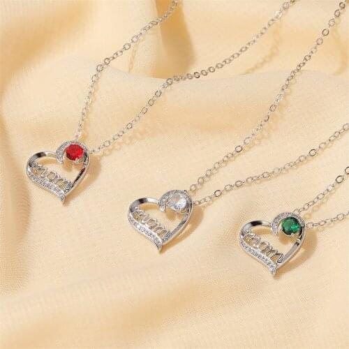 Simple Hollow Heart-Shape Letter Mom Mothers Day Gift Copper Red Green White Rhinestone Silver Plated Alloy Necklace for Women