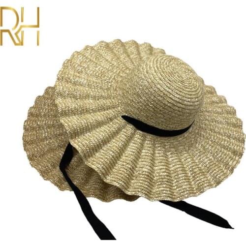 Wide Brim Summer Hats For Women Vacation Leisure Beach Hat Ribbon Pleated Sun Visor Straw Hat Panama Womans Sun Caps RH