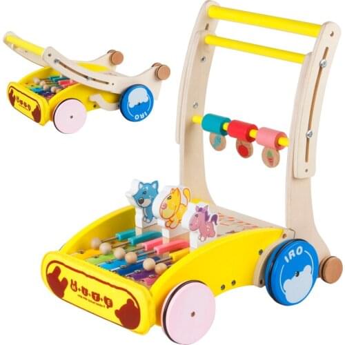 Fold baby wooden walker with musical cartoon animal, height and speed can adjust baby walker, multifunctional cute baby walker