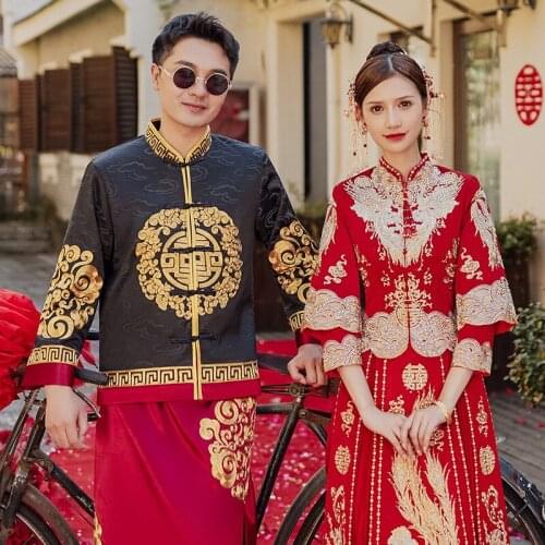 Chinese Style Traditional Bride Bridegroom Wedding Dresses Ancient Red Phoenix Choengsam Vestidos Qipao
