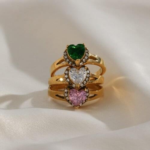 Vintage Wedding Jewelry Titanium steel 18k gold clear green pink heart shape zircon stone rings for women brithday gift